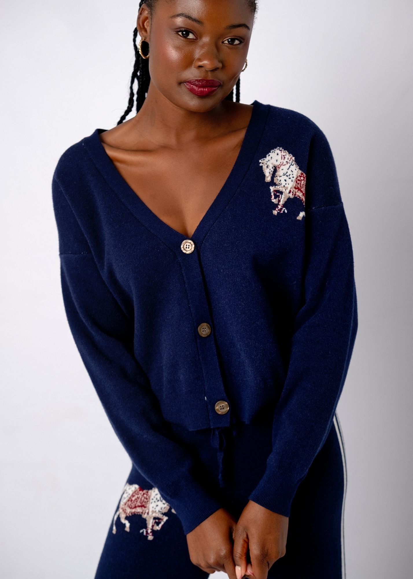 Knitted Cardigan in Navy Gallop. **FREE SIZE FITS S - XL**
