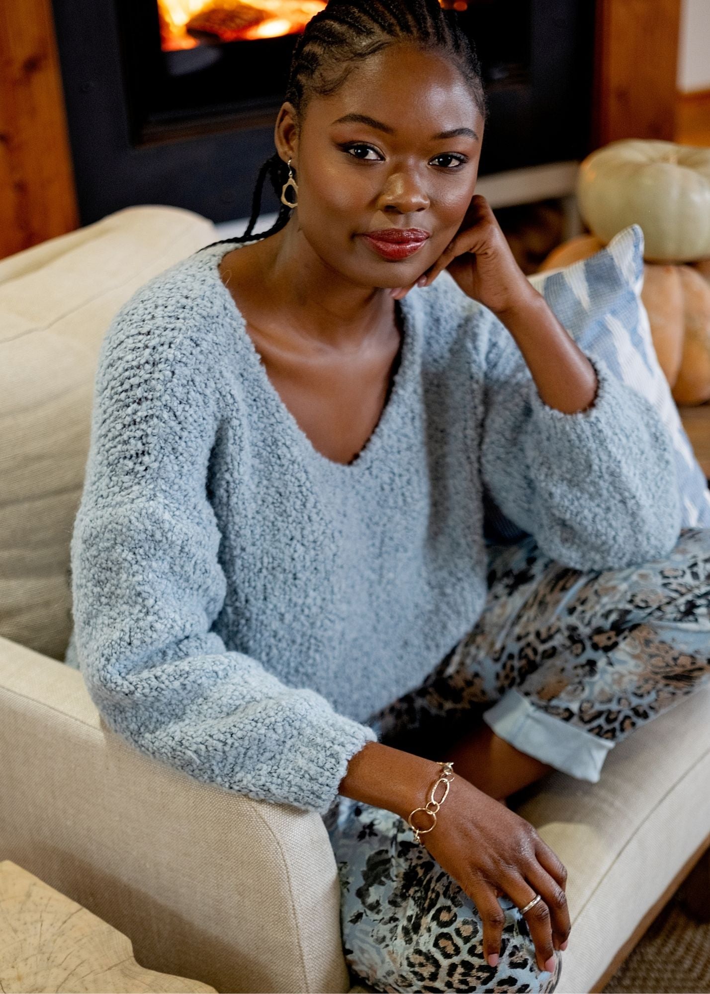Chunky V-Neck Knit in Light Blue