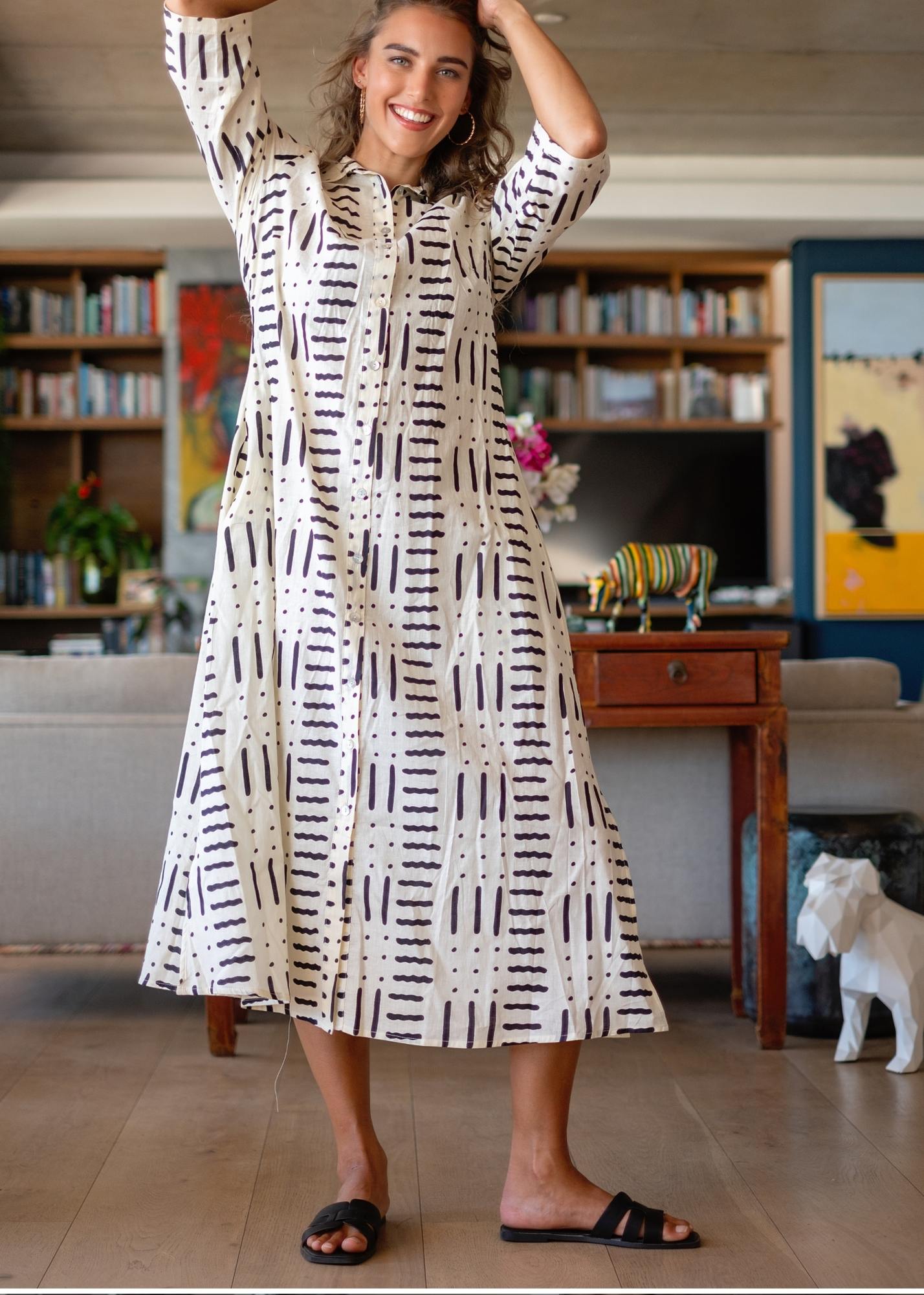 Betty Button dress, Cream and Black Ethnic