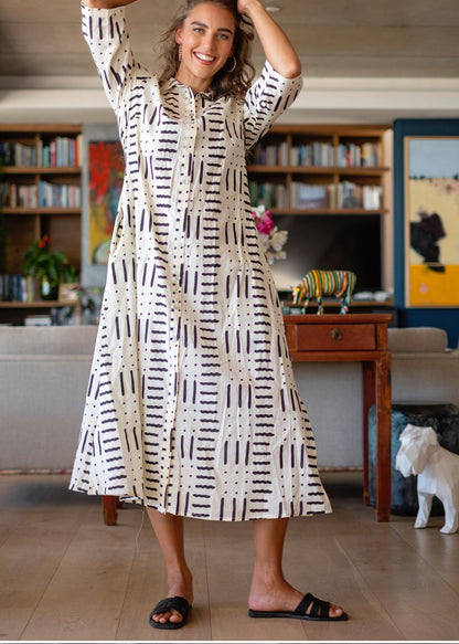 Betty Button dress, Cream and Black Ethnic