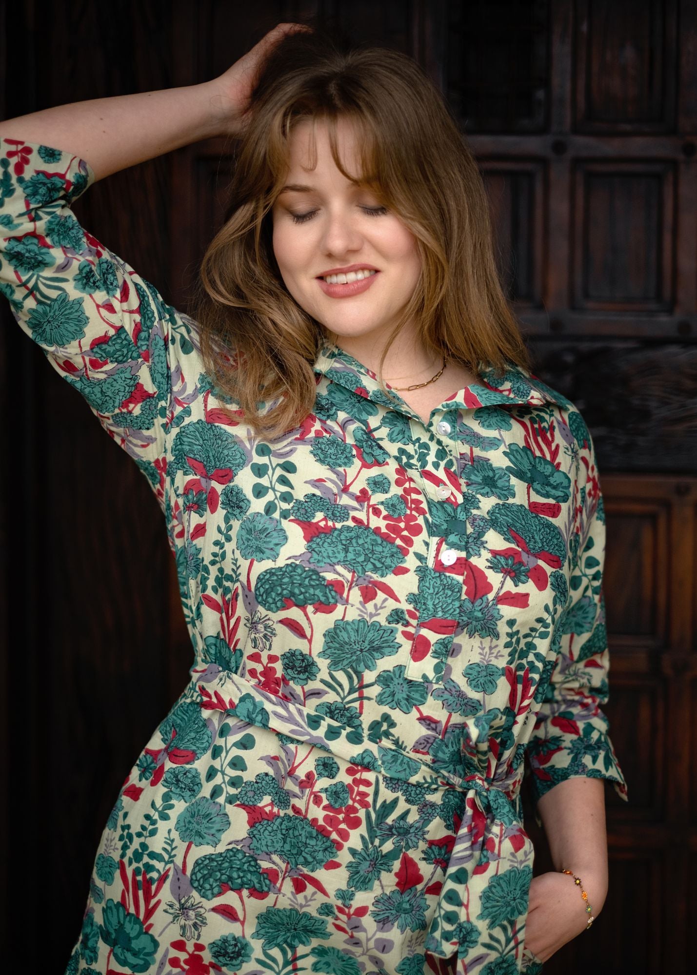 Gaby shirt dress in Jade and Pink