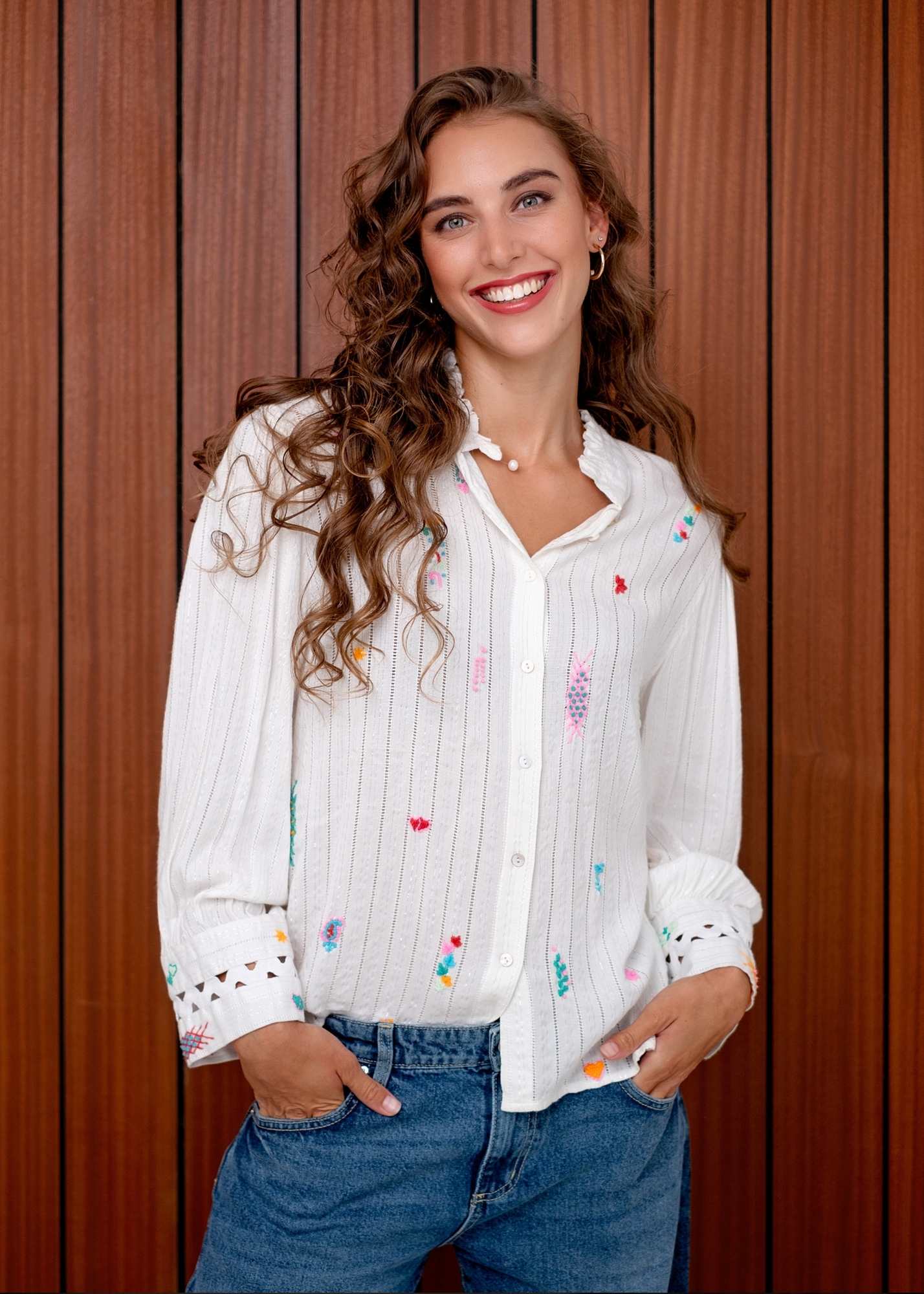The Lily  Button-Down Shirt in White with Colourful Embroidery and Cut out Cuff Detail