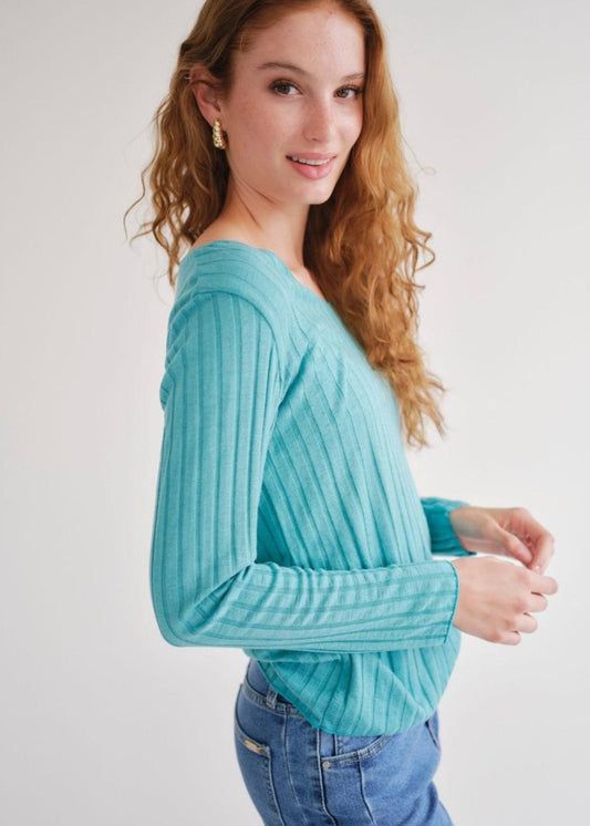 The Mila Ribbed Knit Top in Turquoise