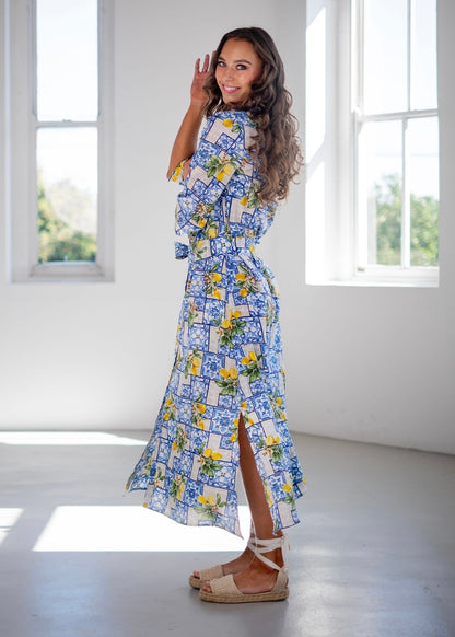 Betty Button dress, White and Blue with Lemons