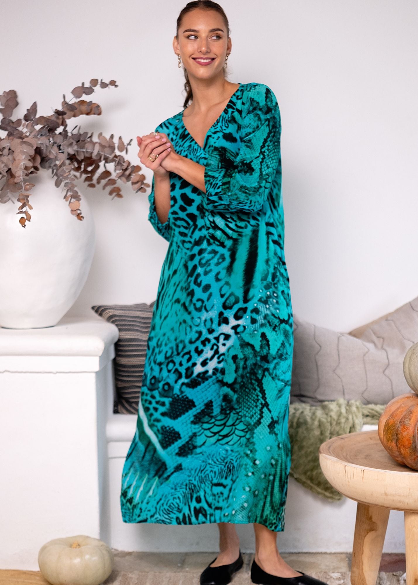 Gloria Dress with Tucked Sleeve Detail in Turquoise Animal Print