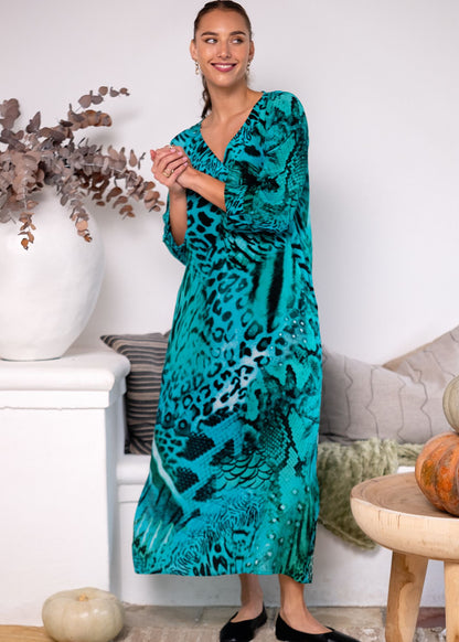Gloria Dress with Tucked Sleeve Detail in Turquoise Animal Print