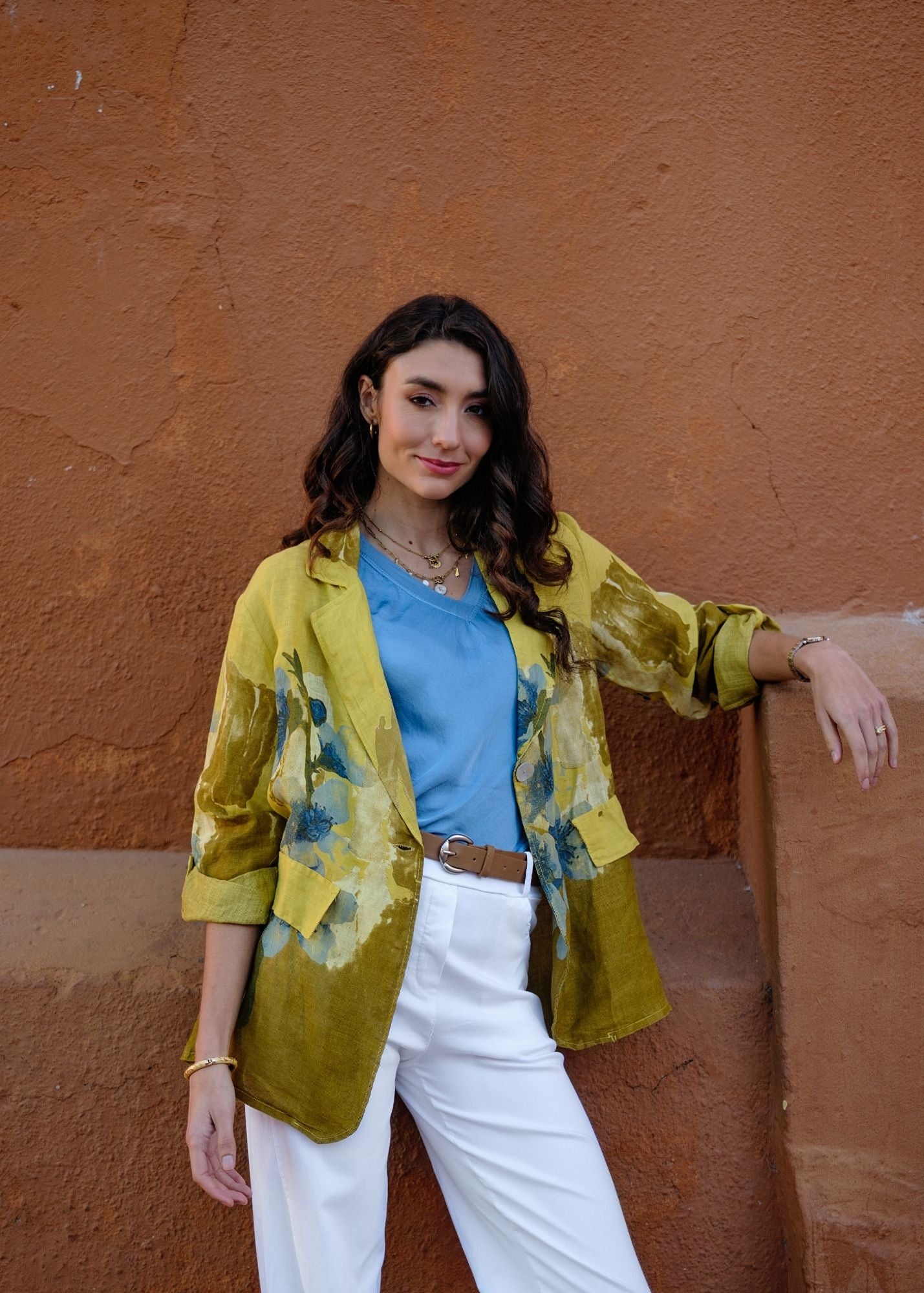 Lino 100% Linen Button Jacket in Periwinkle Heirloom Bloom