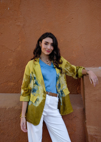 Lino 100% Linen Button Jacket in Periwinkle Heirloom Bloom