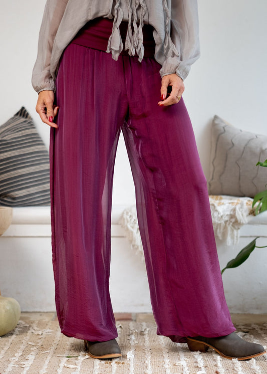 Sophia 100% Silk Flow Pants in Merlot