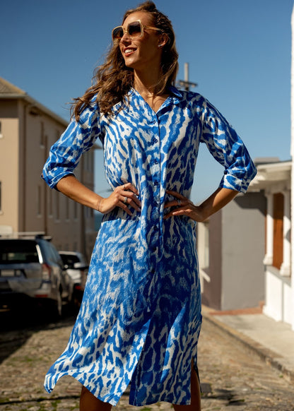 Lindi Dress in Blue Animal Print