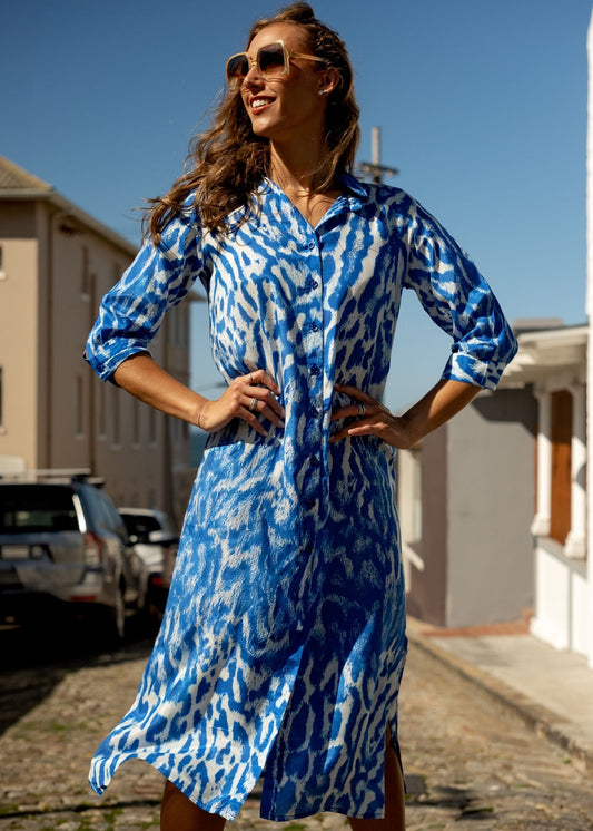Lindi Dress in Blue Animal Print