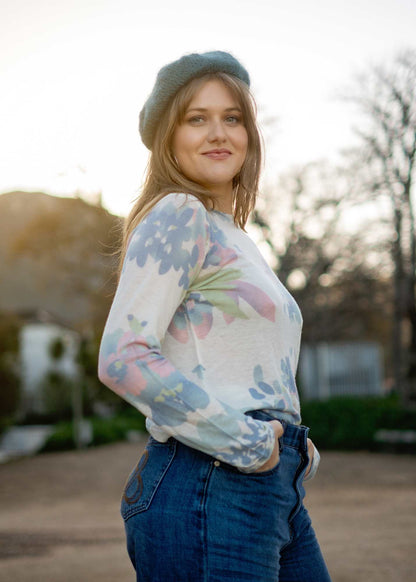 100% Wool Round Neck Long Sleeve Sweater in Blue and Pink Floral