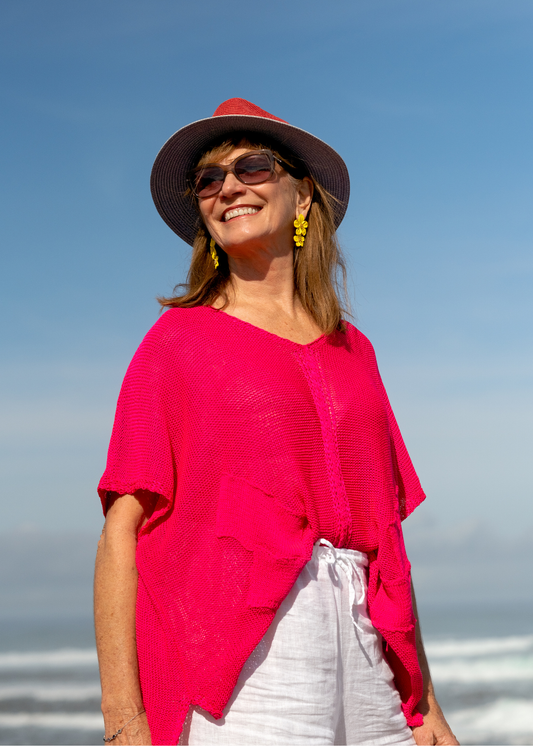 Riviera Summer Knit Top with Pockets in Fuchsia