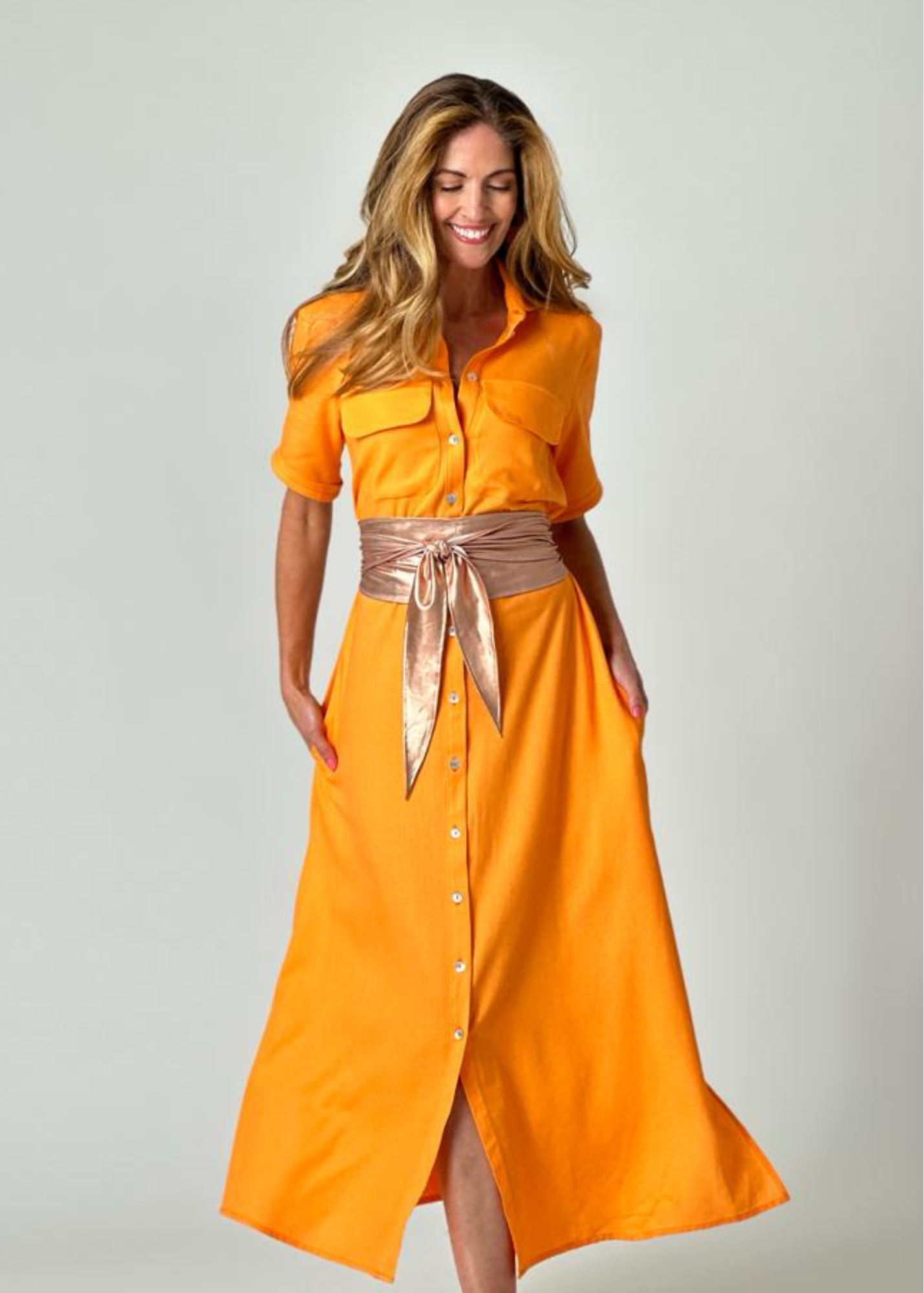 Betty Button dress in Orange linen