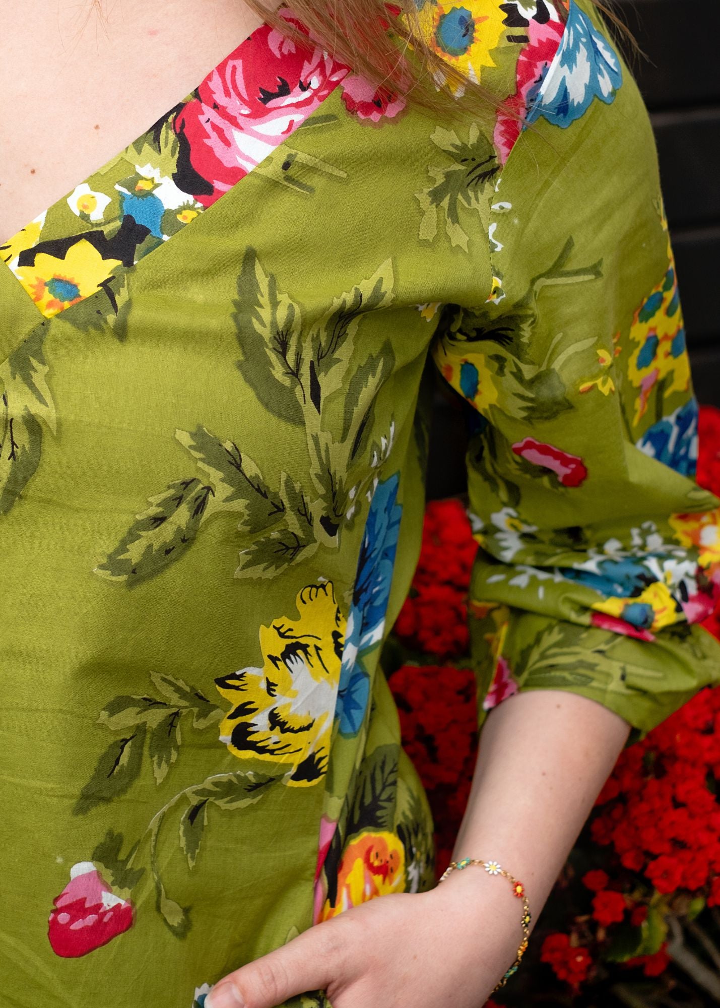 Gloria Dress with Tucked Sleeve Detail in Green Garden