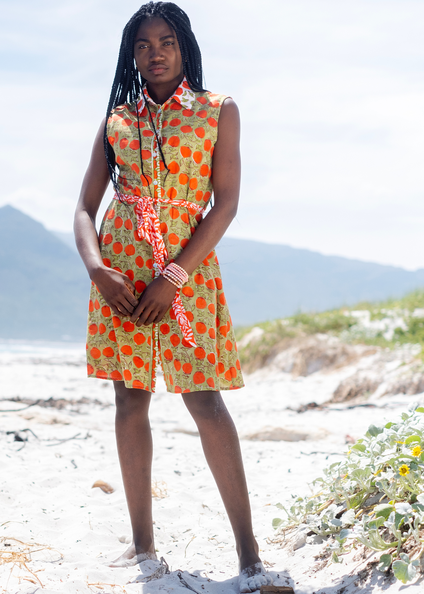 Candy Collar Dress in Green with orange flower & contrast