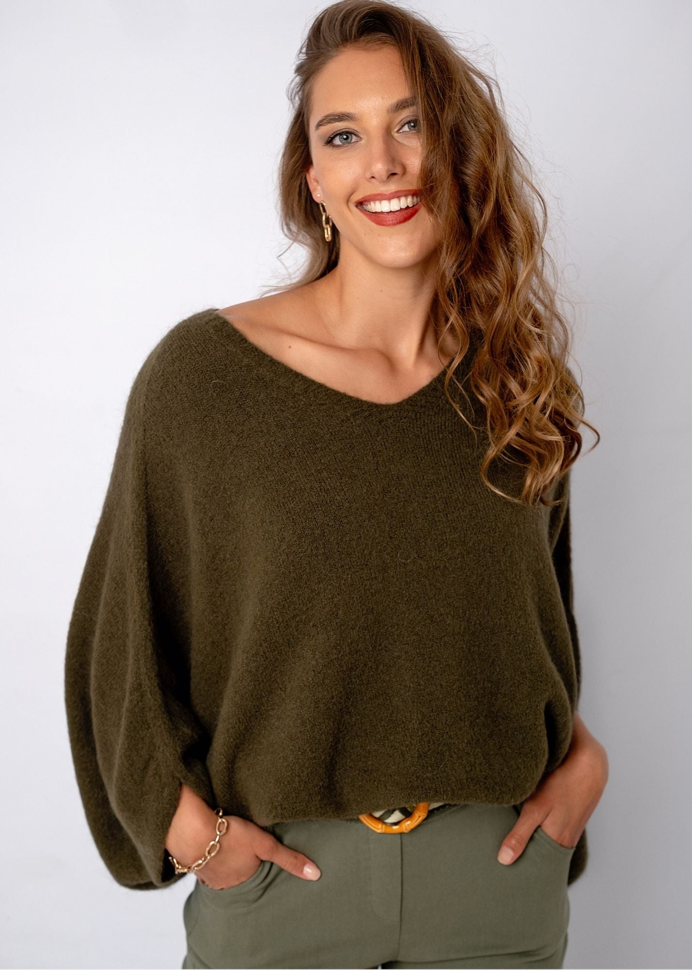Poncho with Tulip Sleeve in Olive