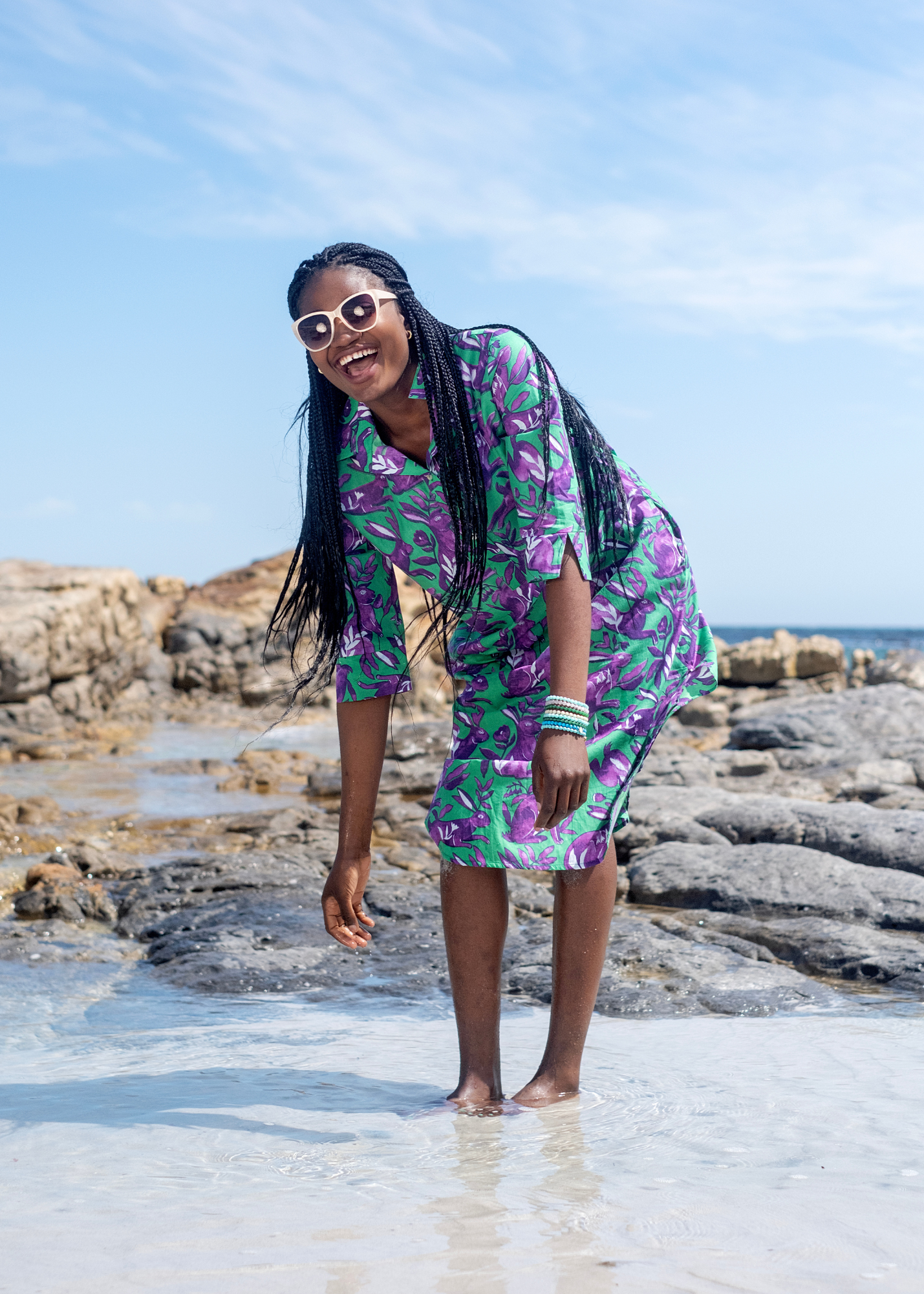 Gaby shirt dress in Green with purple bunnies