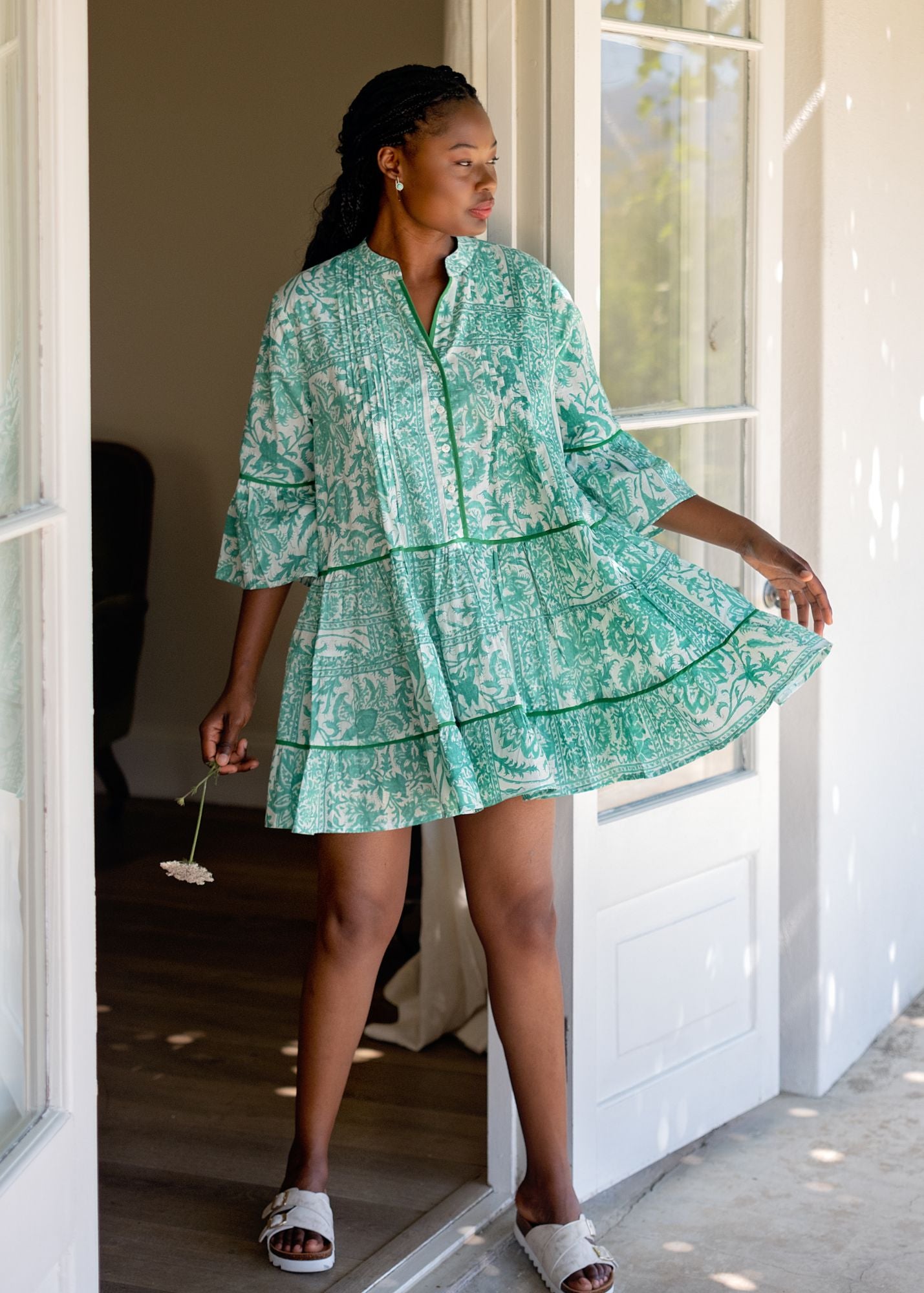 Valentina dress in Jade Leaves with Green Piping Detail