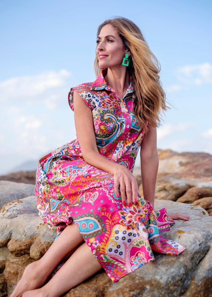 Claudia dress, Pink bold paisley