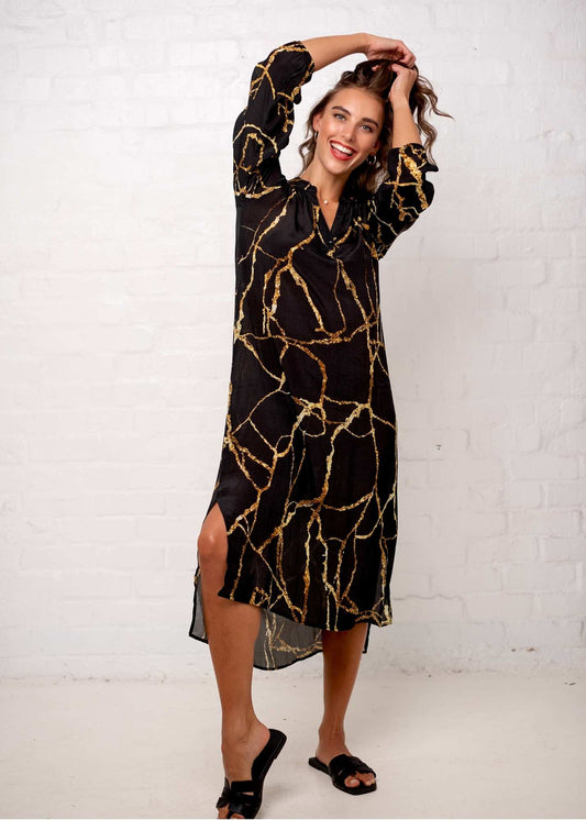Carli Dress in Black and Gold Marble