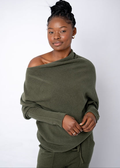 Urban Cozi Asymmetrical Sweater in Olive Green