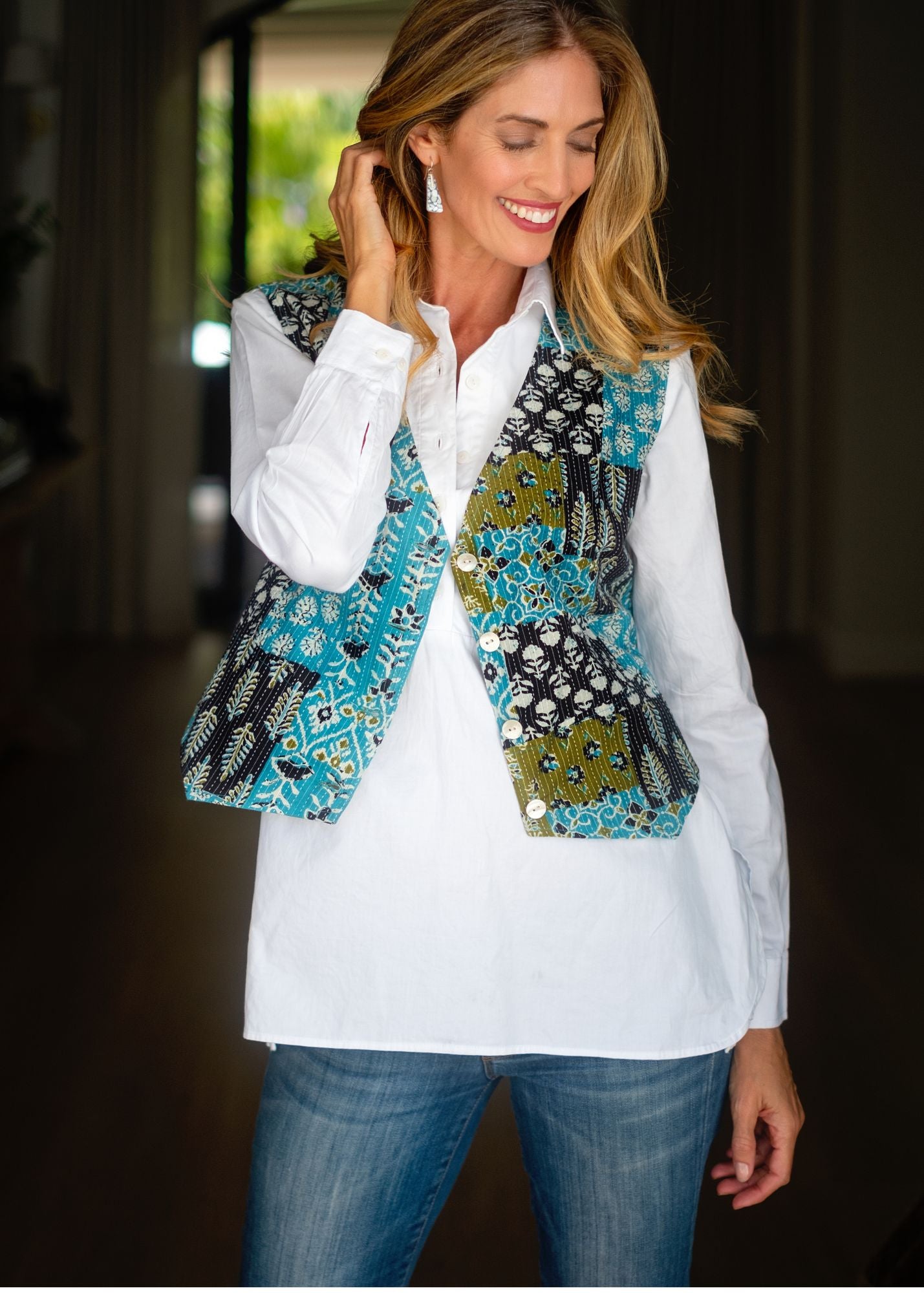 Gilet in Blue and Green Tiles