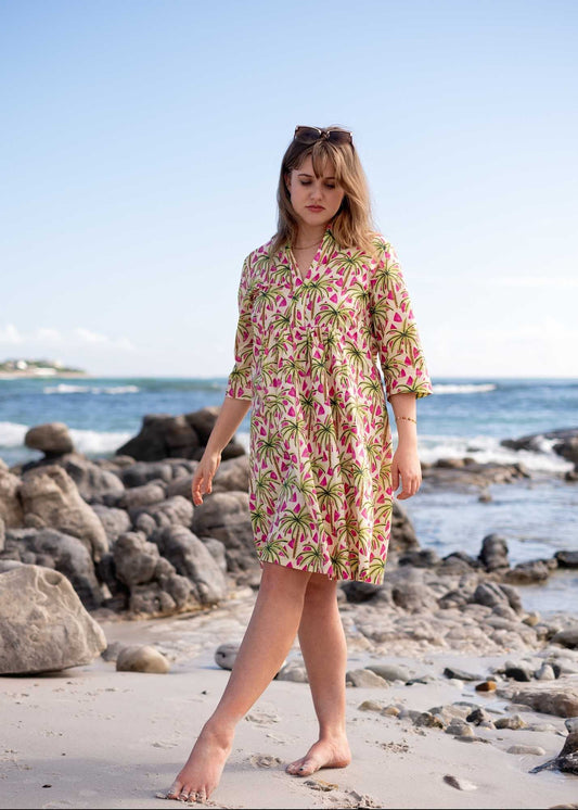 Lee-Ann pleated dress Short, Pink and Green Palms
