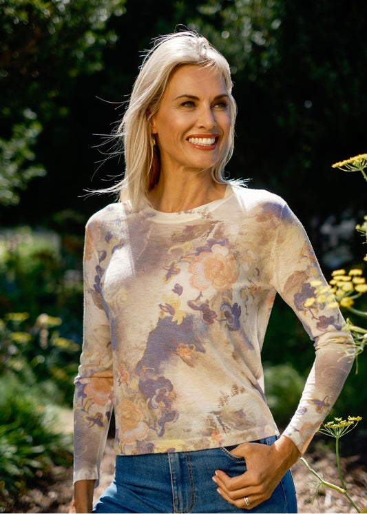 100% Wool Round Neck Long Sleeve Sweater in Coral and Taupe Flower