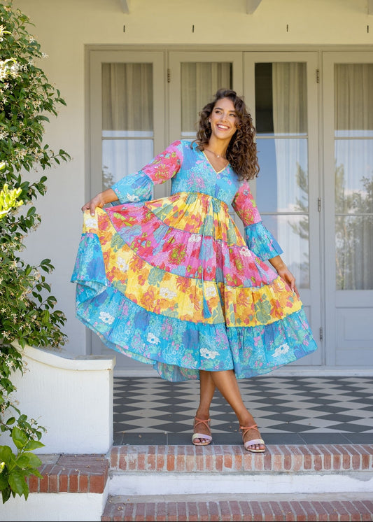 Amarena Dress in Blue and Yellow strips