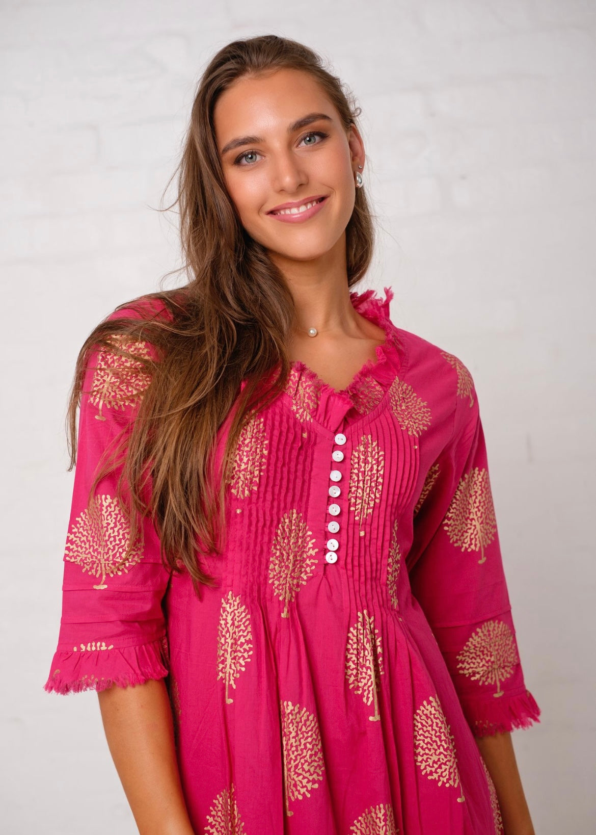 Sarah dress in Fuchsia Pink with Gold Tree (Long Length)