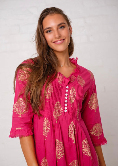 Sarah dress in Fuchsia Pink with Gold Tree (Long Length)