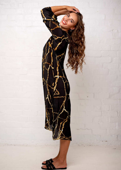Carli Dress in Black and Gold Marble