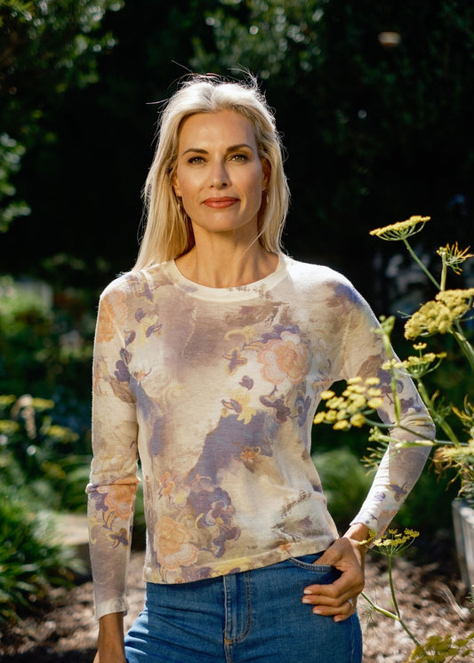 100% Wool Round Neck Long Sleeve Sweater in Coral and Taupe Flower