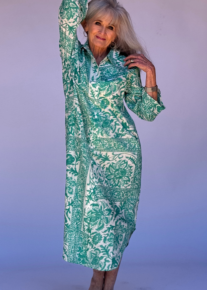 Laura Shirt Dress in Jade Leaves