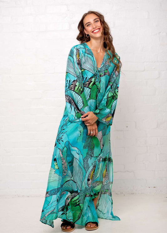 Lanira Dress in Green and Turquoise Flower Print