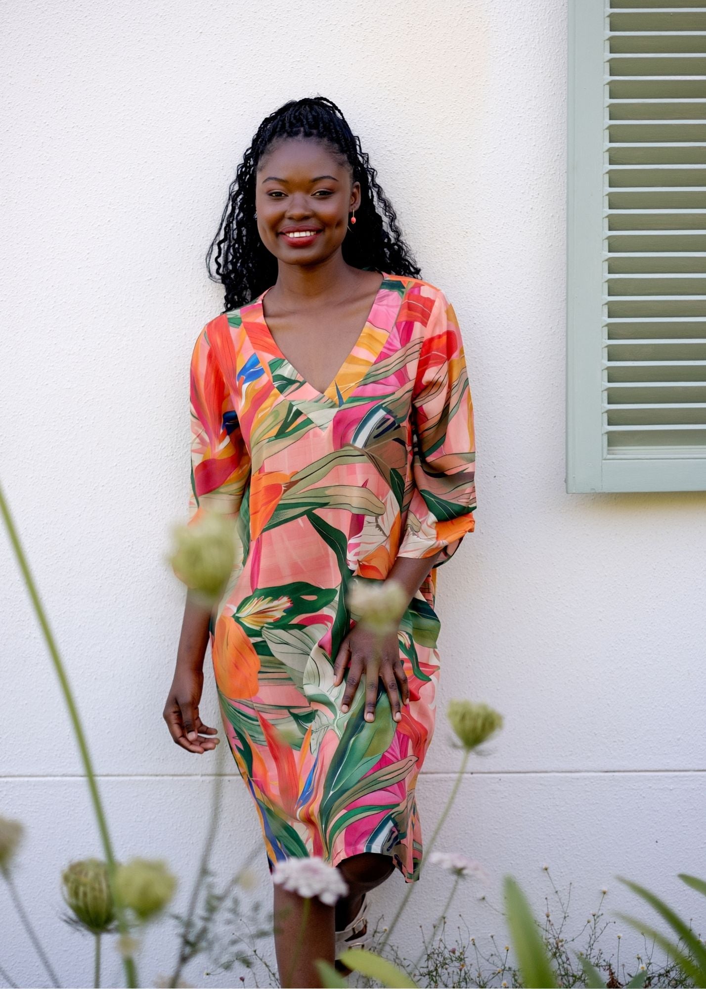 The Sipho Dress with Tucked Sleeve Detail in Olive and Coral