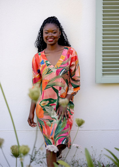 The Sipho Dress with Tucked Sleeve Detail in Olive and Coral