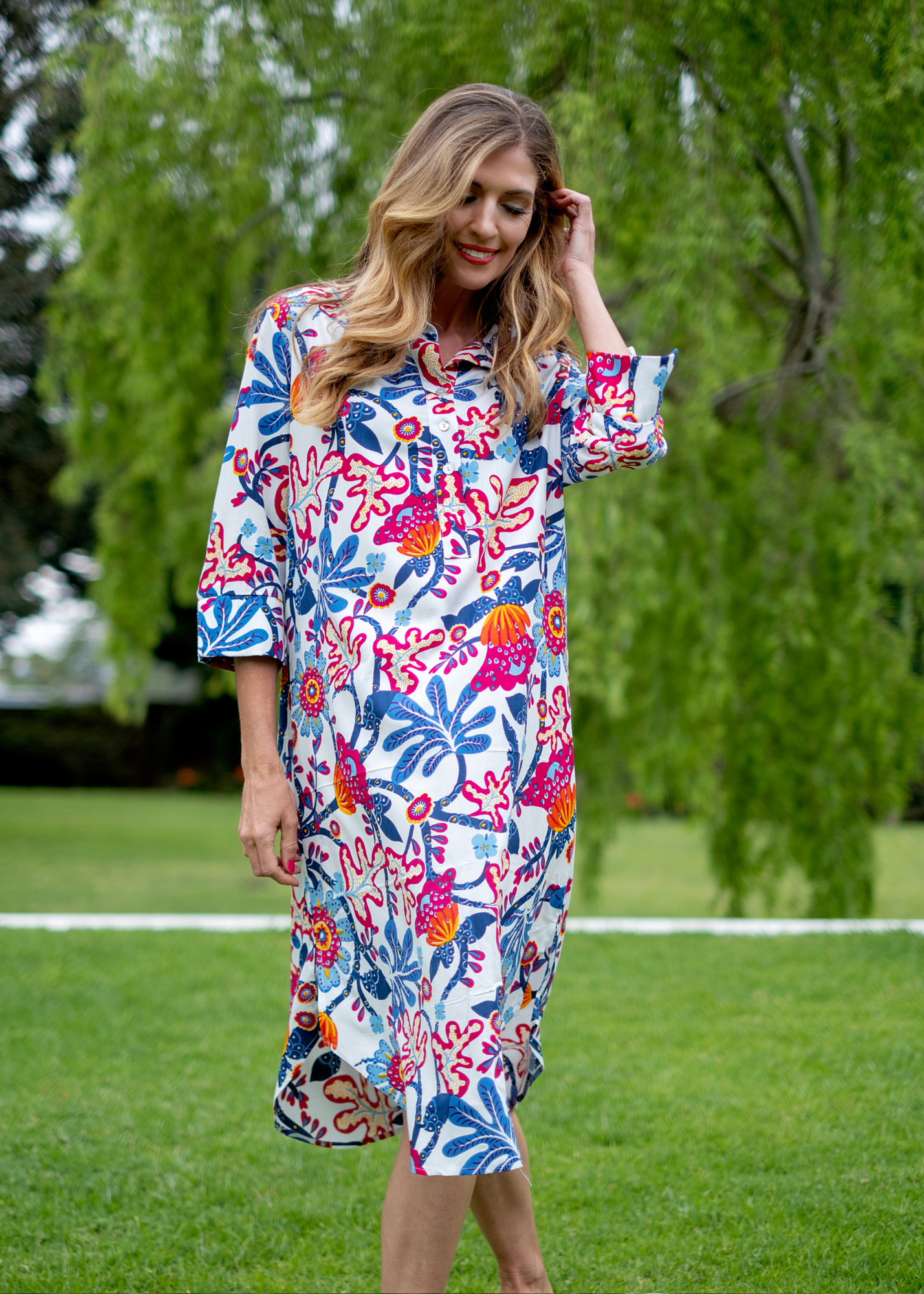 Gaby dress in White with Pink and Blue Floral