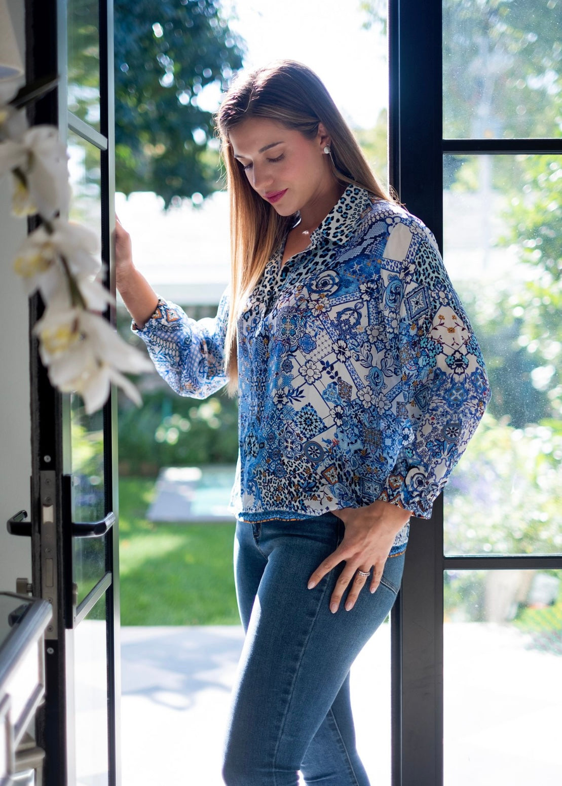 Morgan Blouse, Blue Tile Print