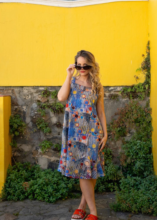 Capri Dress (Short Length) in Blue Circles