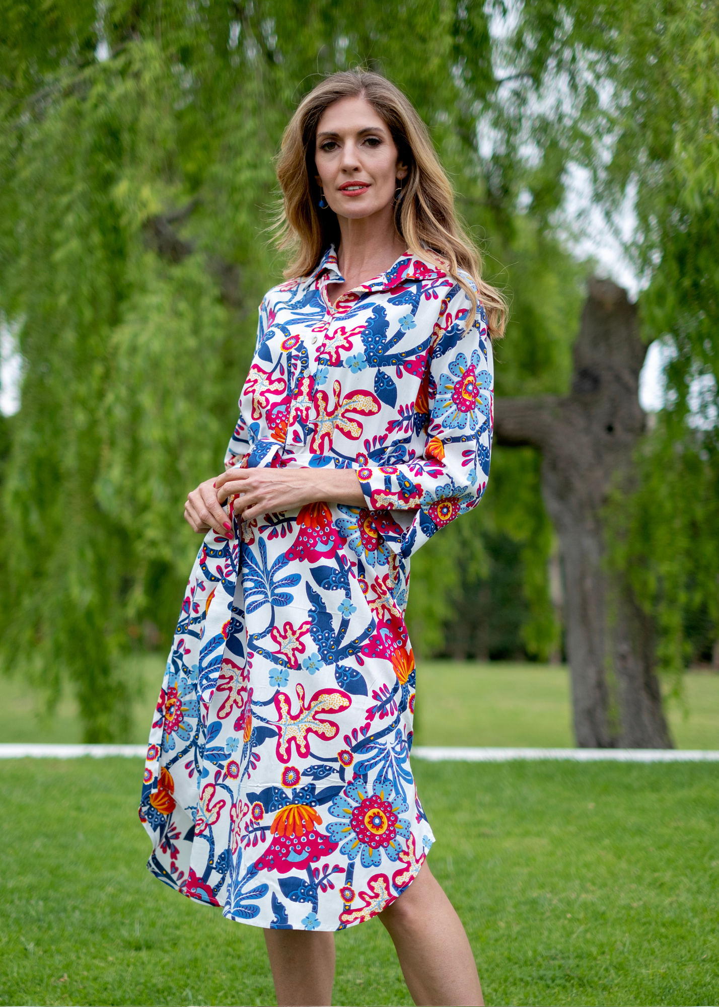 Gaby dress in White with Pink and Blue Floral