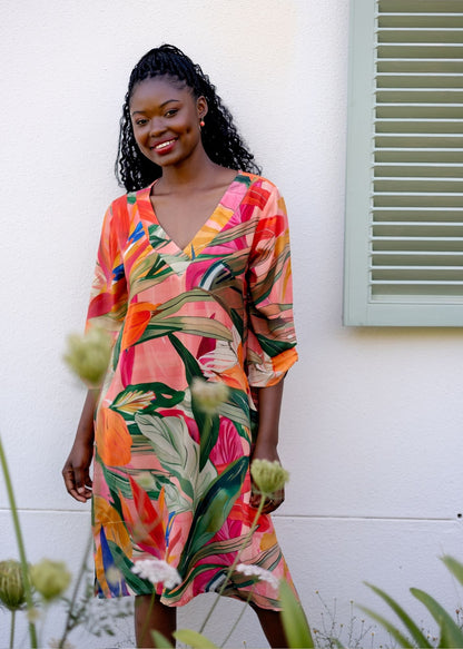 The Sipho Dress with Tucked Sleeve Detail in Olive and Coral