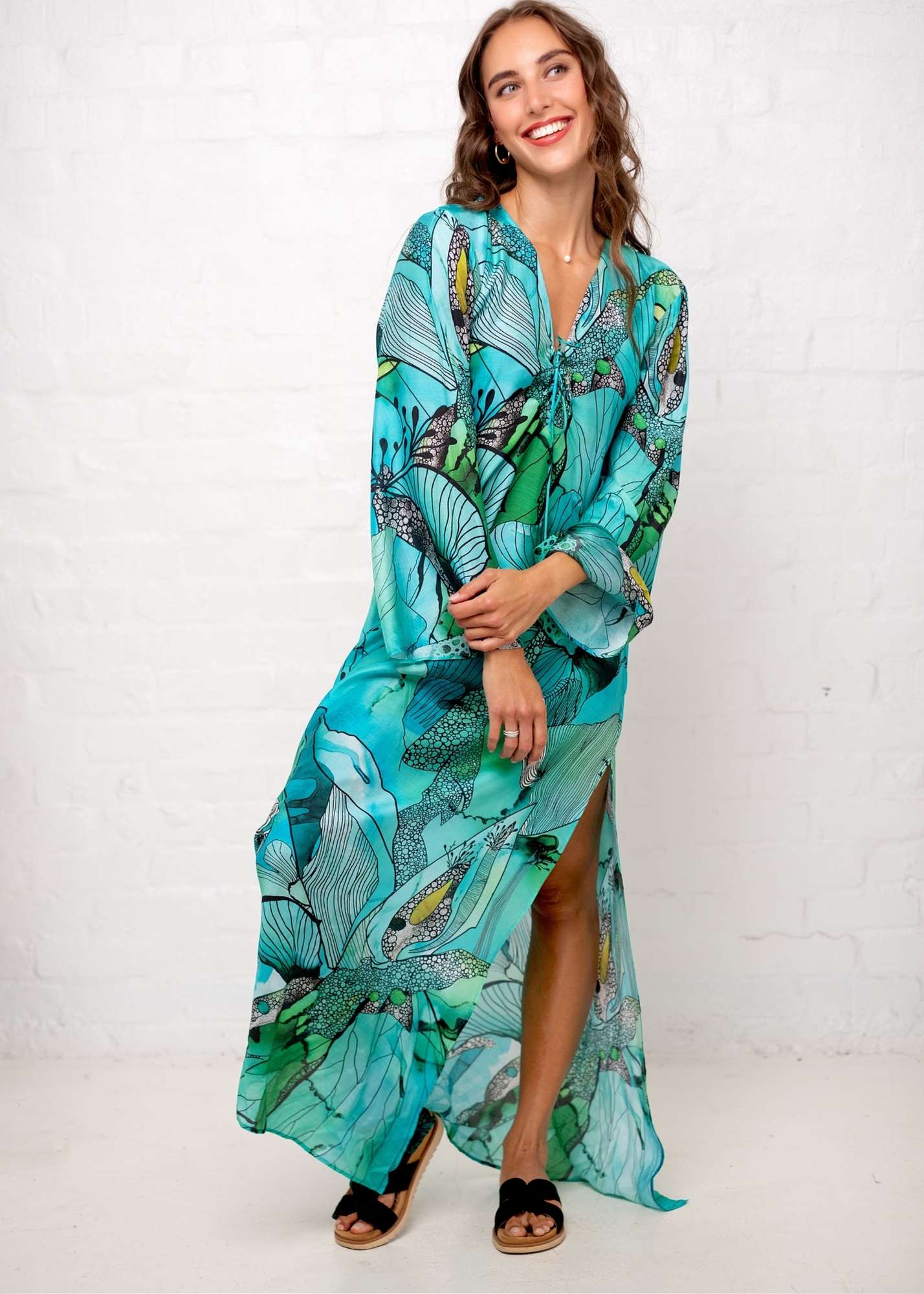 Lanira Dress in Green and Turquoise Flower Print