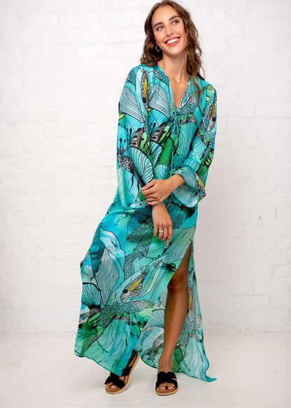 Lanira Dress in Green and Turquoise Flower Print