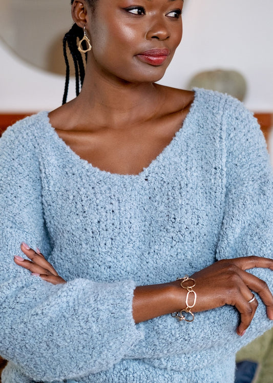 Chunky V-Neck Knit in Light Blue
