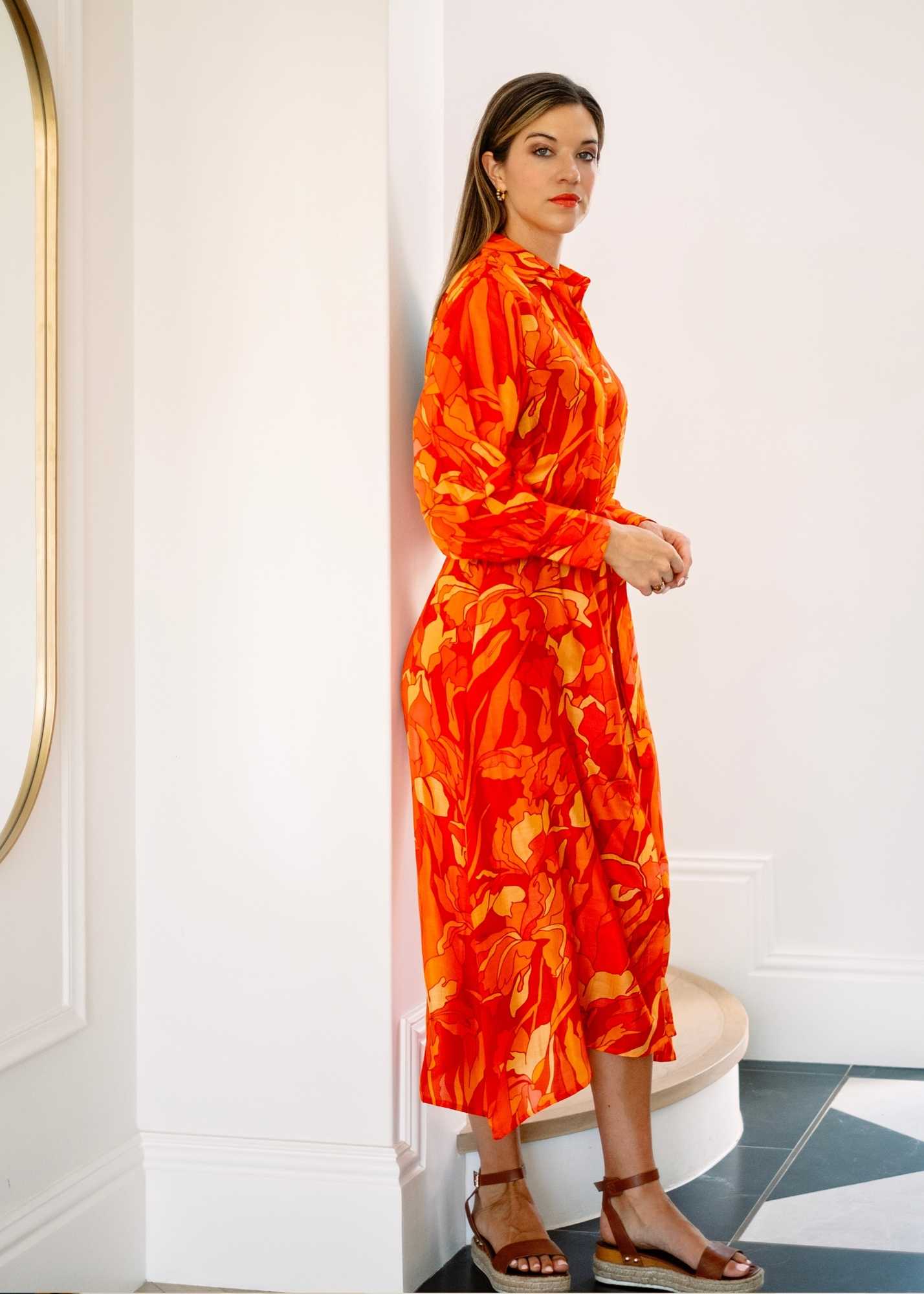 Celine Dress in Coral & orange leaves