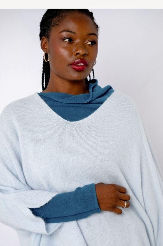 Poncho with Tulip Sleeve in Light Blue