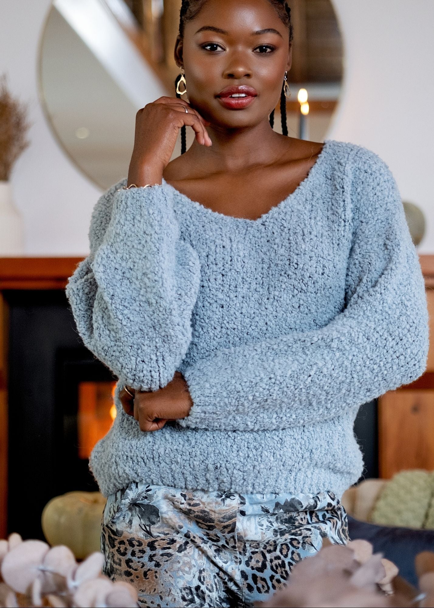 Chunky V-Neck Knit in Light Blue