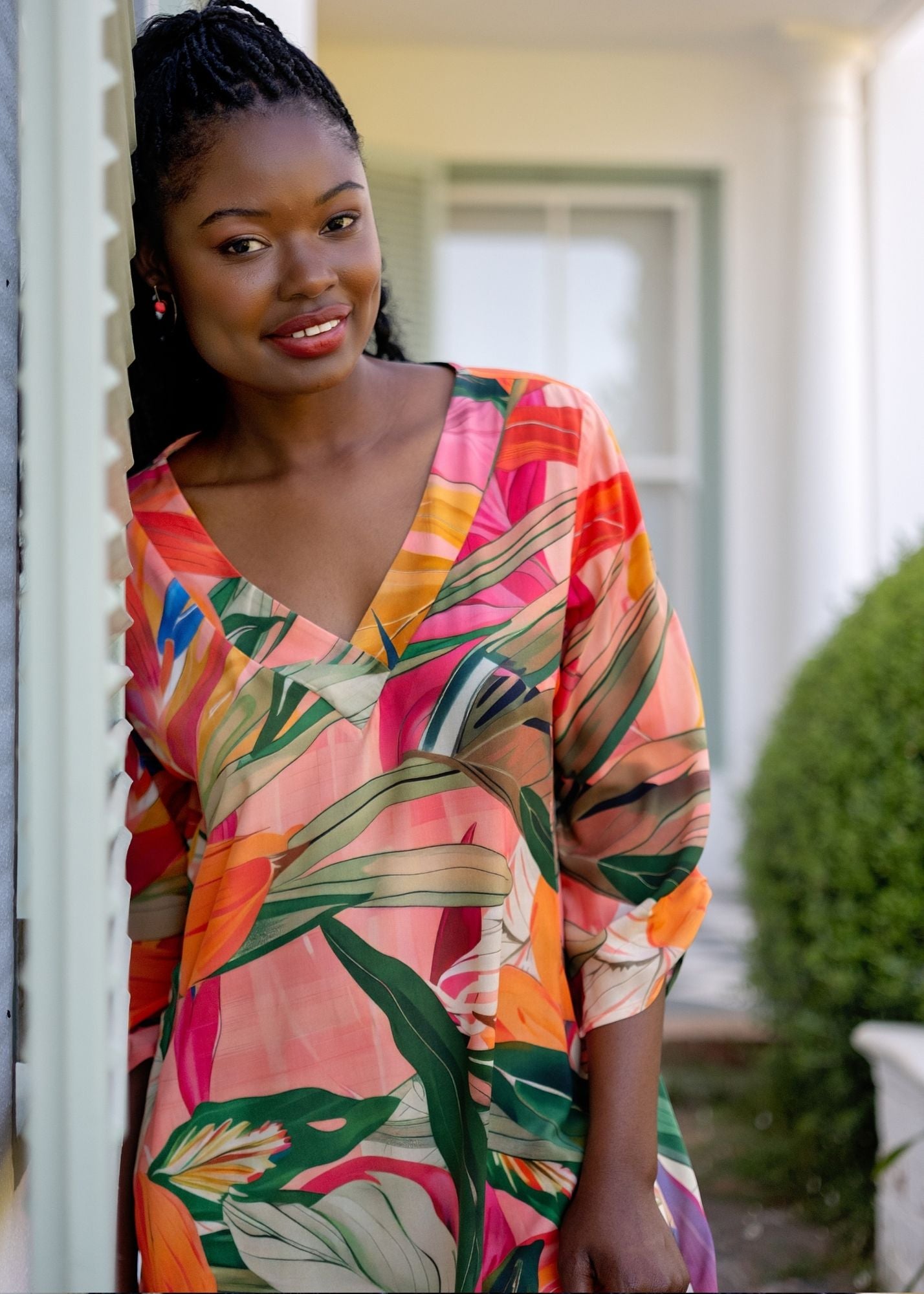 The Sipho Dress with Tucked Sleeve Detail in Olive and Coral